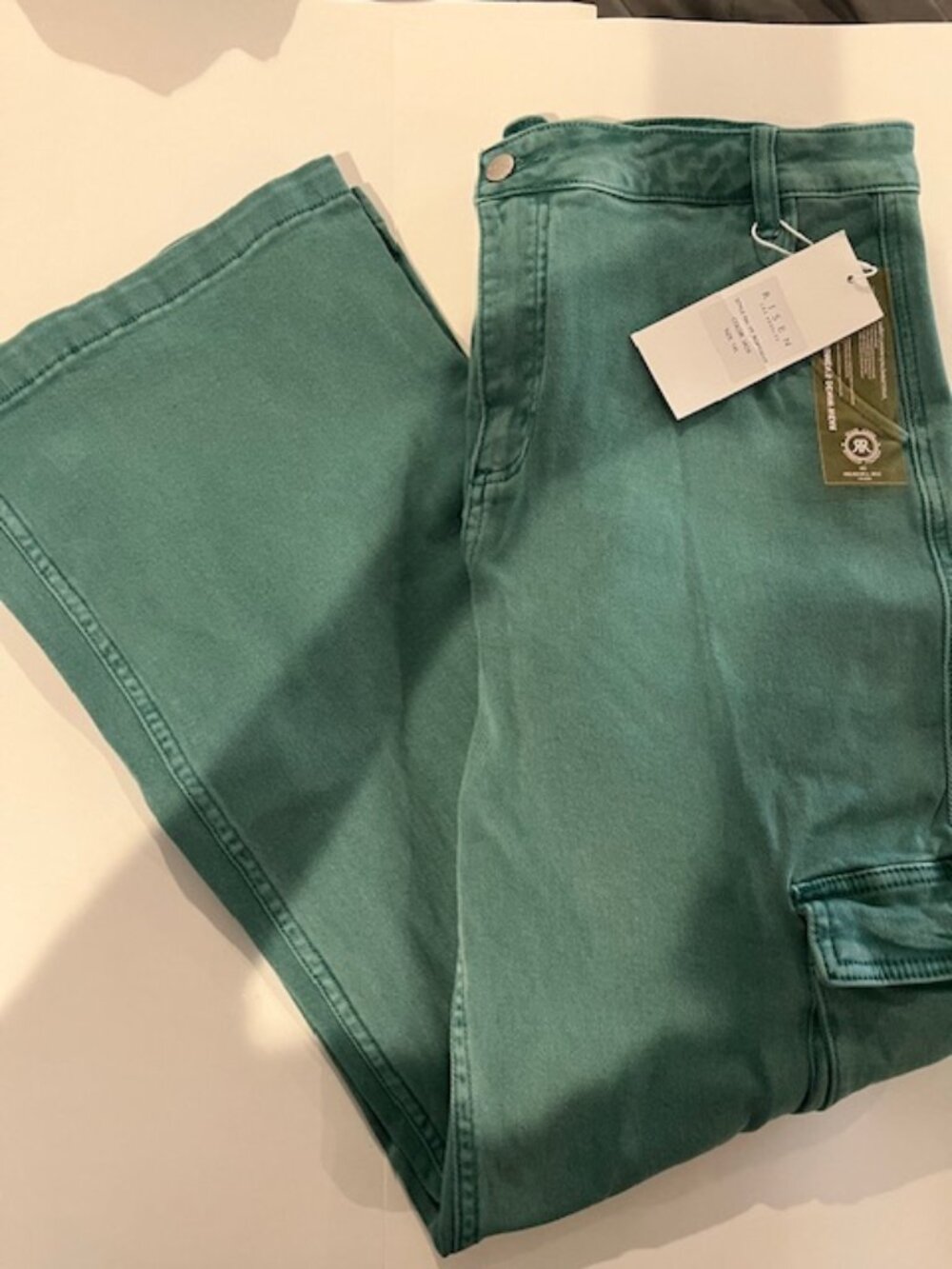 Risen Wide Leg Cargo Jeans Pants High Rise Jade Green, Size 1X